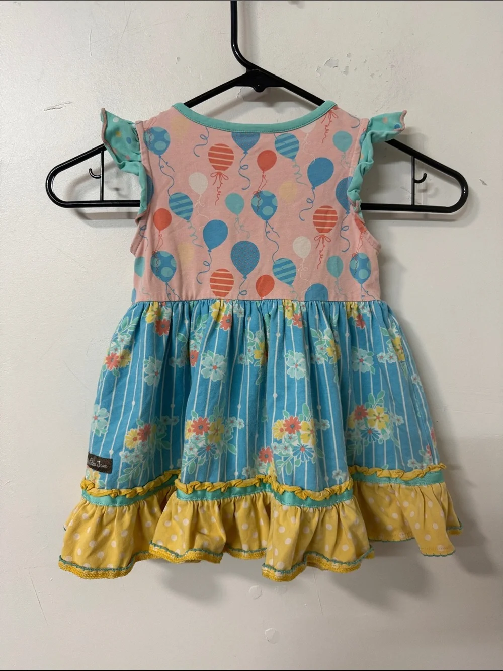 Matilda Jane Pink Balloon & Blue Floral Ruffle Dress with Yellow Trim
